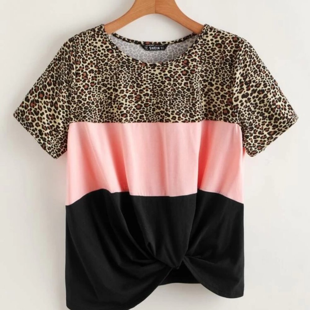 Color Block Twist Hem Lepard Panel Top